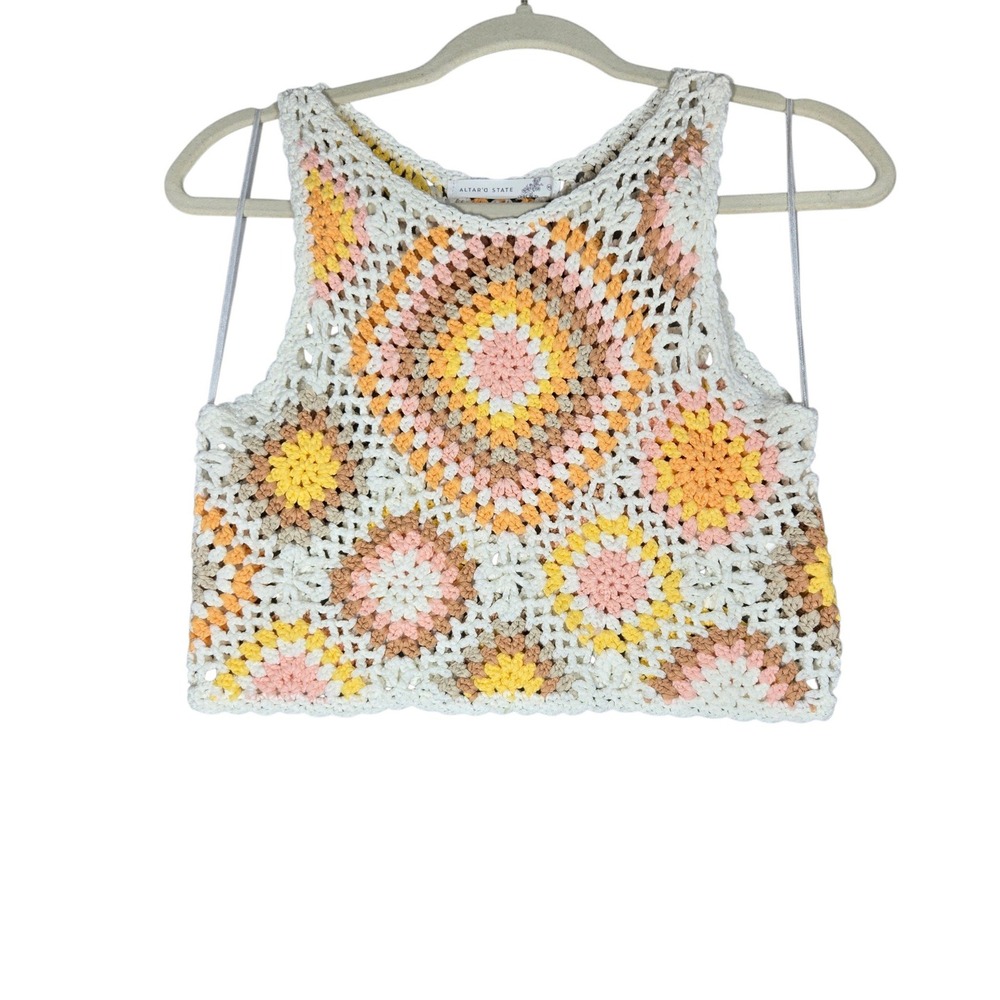 Altar'd State Crochet Tank Top Womens XS White Multi Granny Square Boho Crop
